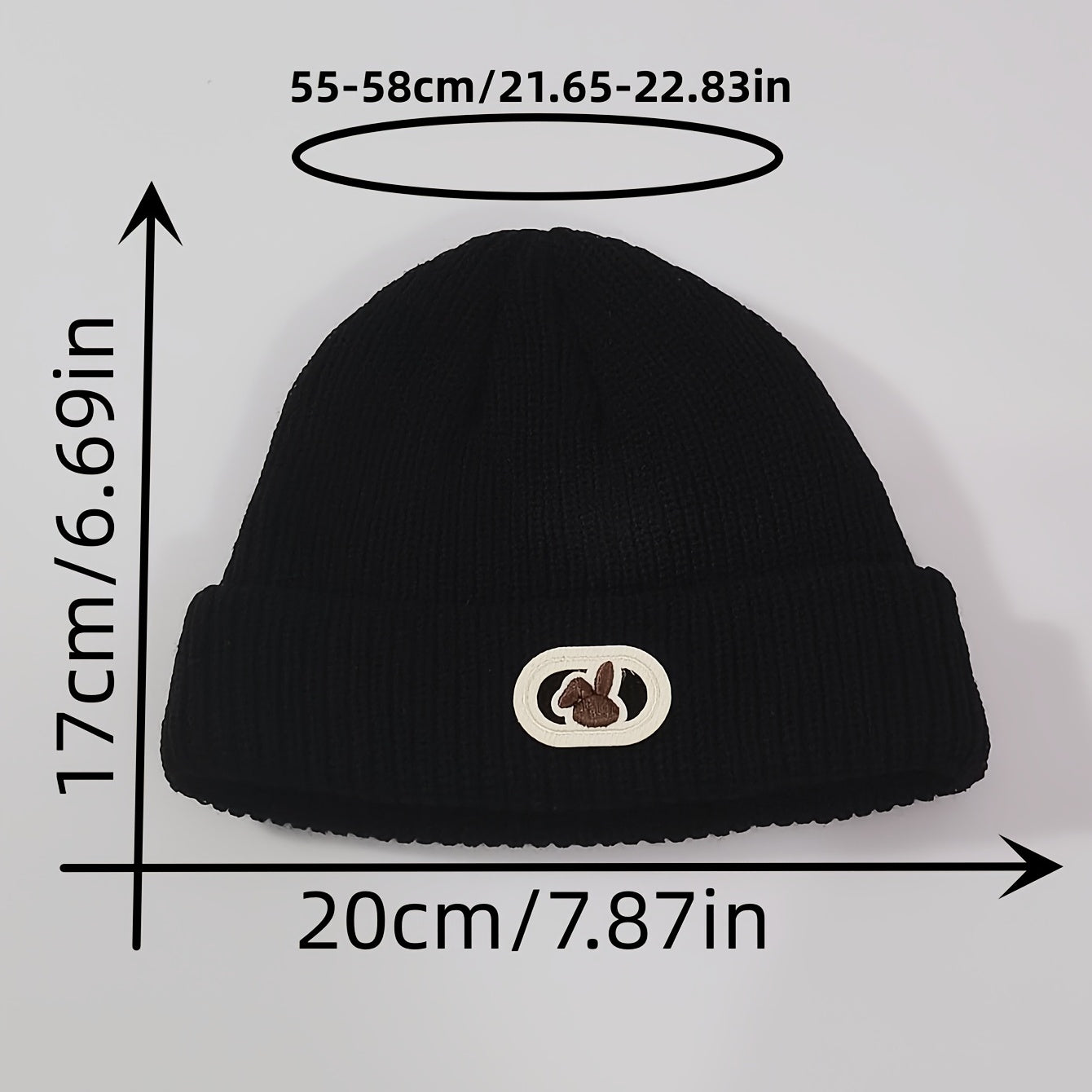 Rabbit Label Embroidery Beanie Solid Knit Hat Elastic Casual Skull Cap