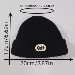 Rabbit Label Embroidery Beanie Solid Knit Hat Elastic Casual Skull Cap