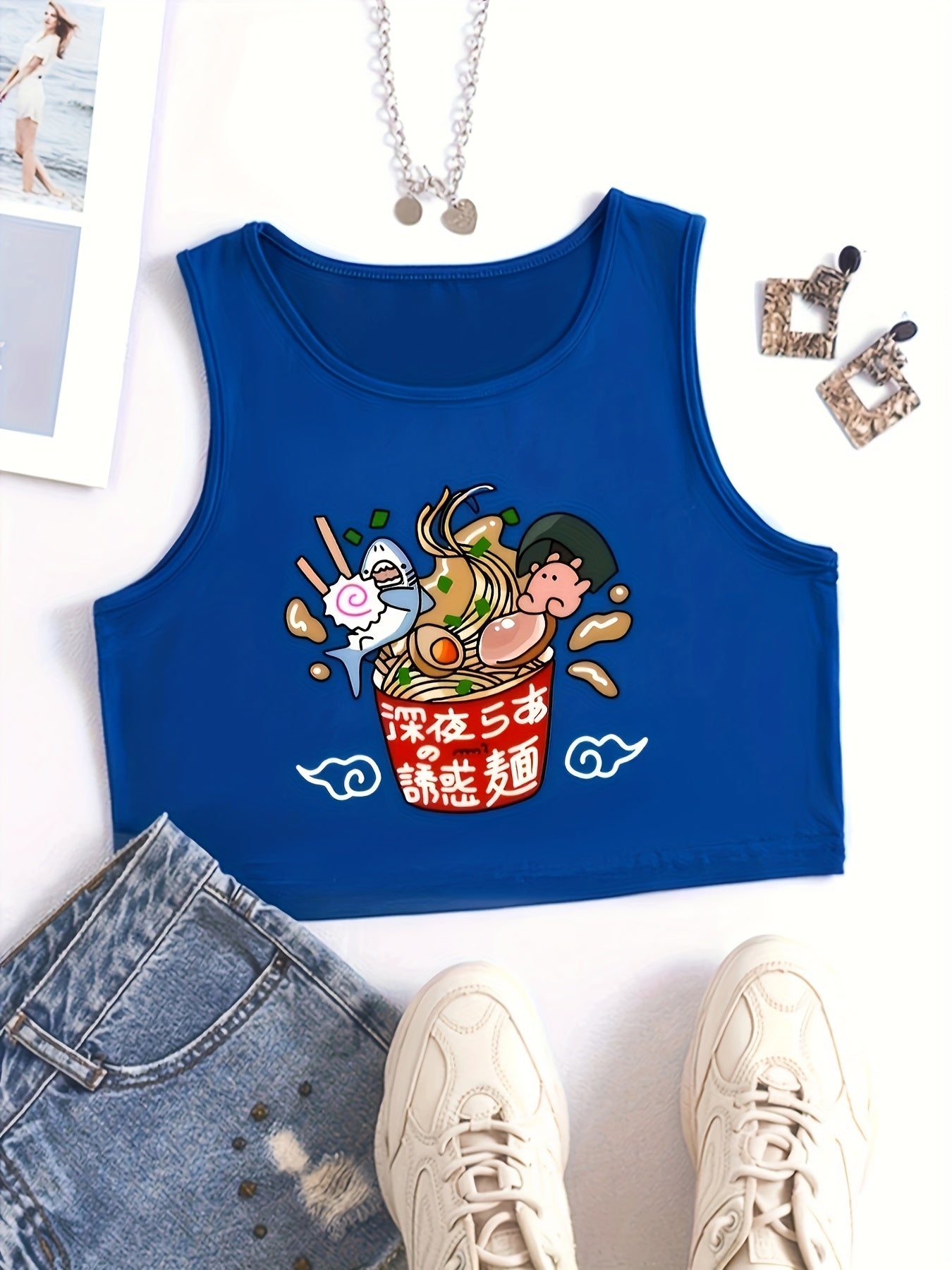 Noodles Print Crop Tank Top Sexy Summer Sleeveless Casual Top