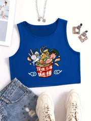 Noodles Print Crop Tank Top Sexy Summer Sleeveless Casual Top