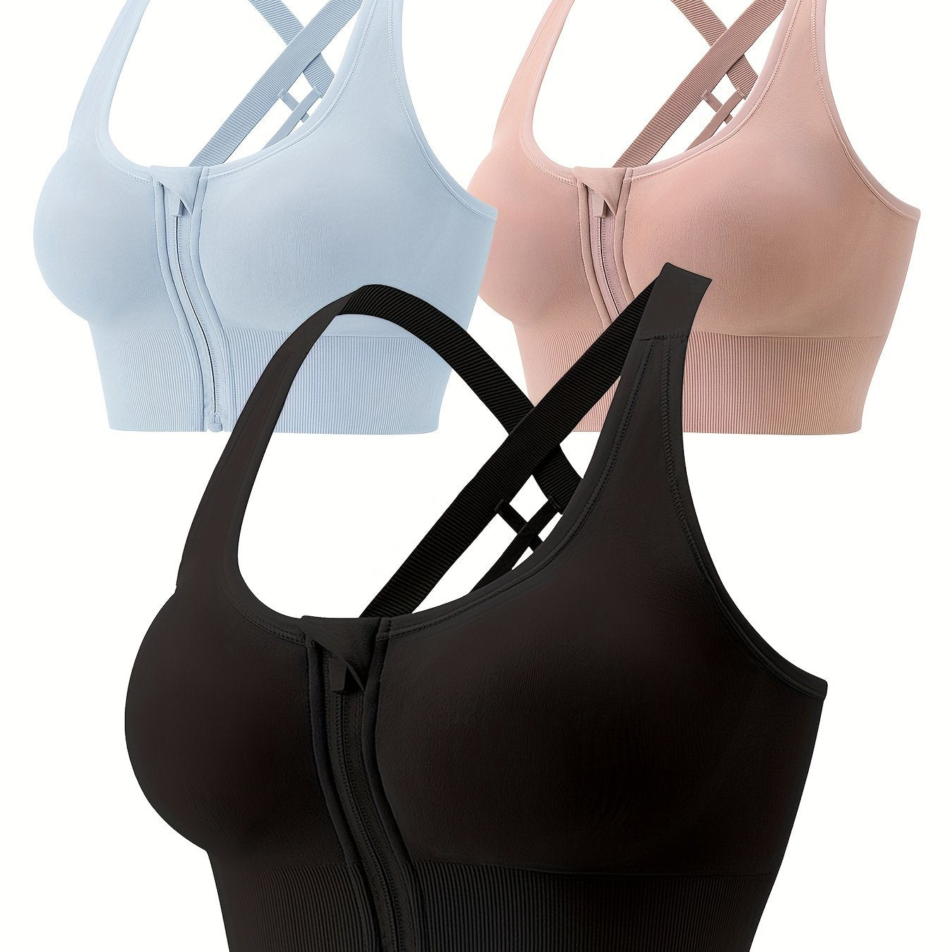 3pcs Front Zipper Sports Bras Criss Cross Back Stretch Bra Women's