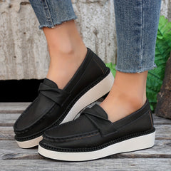 Women's Twist Knot Platform Loafers Solid Round Toe Slip On Wedge Shoes