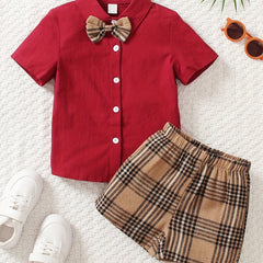 Toddler Boy's Gentlemen Bowtie Shirt & Plaid Shorts Set