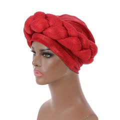 Red Twist Braided Turban Cap Rhinestone Decor Big Head Wrap Hijab Hats