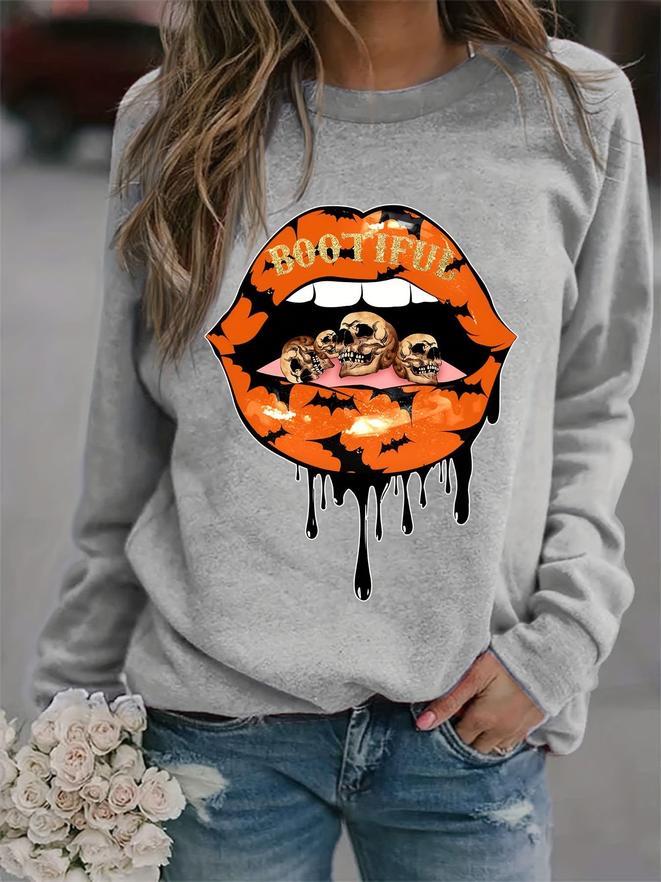 Lip Print Sweatshirt Long Sleeve Crew Neck Casual Pullover