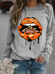 Lip Print Sweatshirt Long Sleeve Crew Neck Casual Pullover