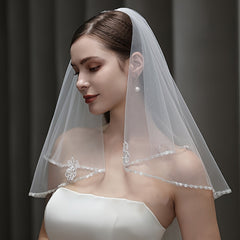 Beaded Floral Veil Soft Nylon Bridal Gown Accessory with Lace Detailing