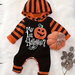Cute Pumpkin Print Hooded Jumpsuit for Newborns