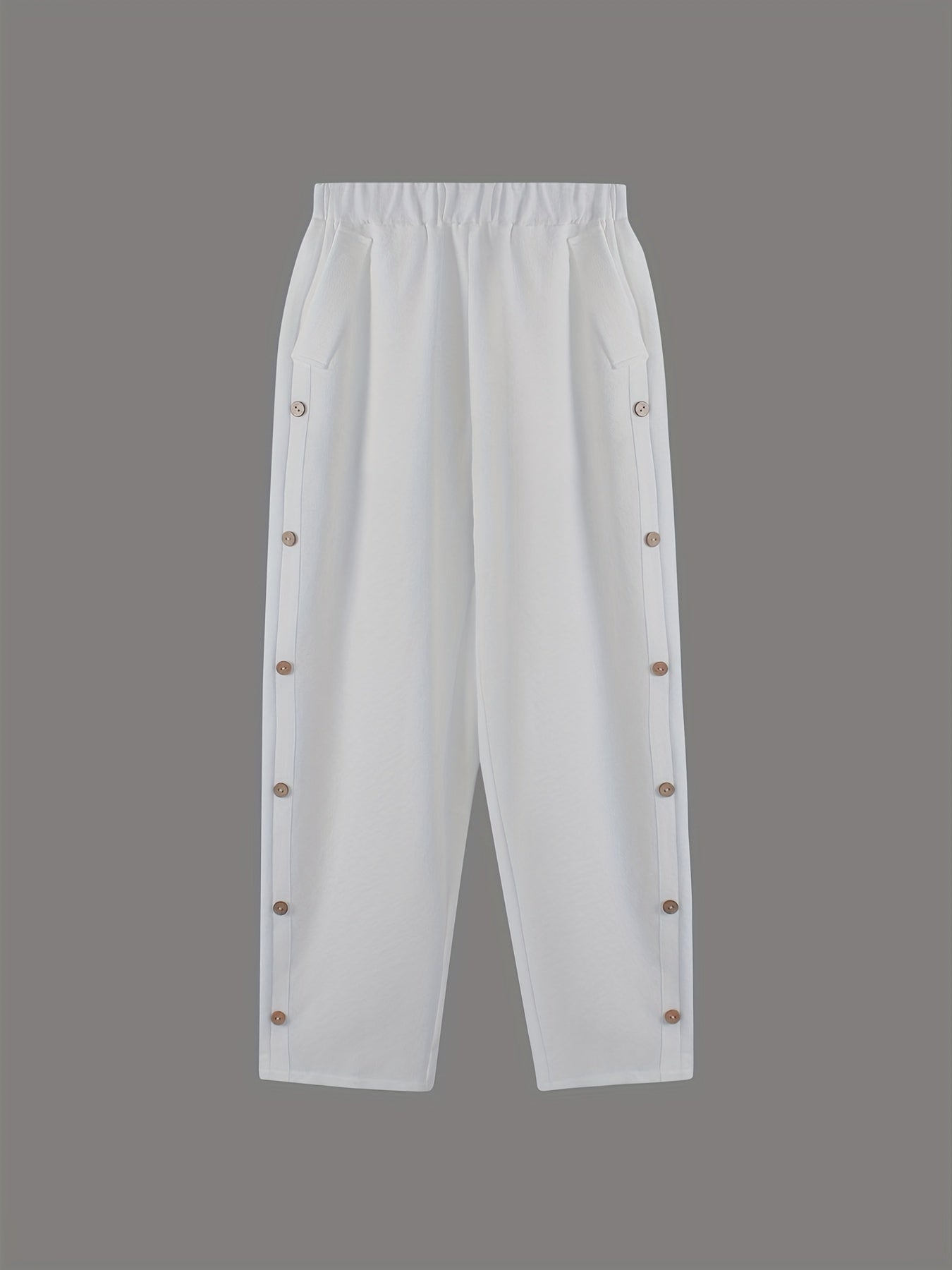 Solid Side Breasted Cropped Pants Casual Pocket Elastic Waist Pants