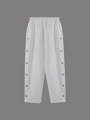 Solid Side Breasted Cropped Pants Casual Pocket Elastic Waist Pants