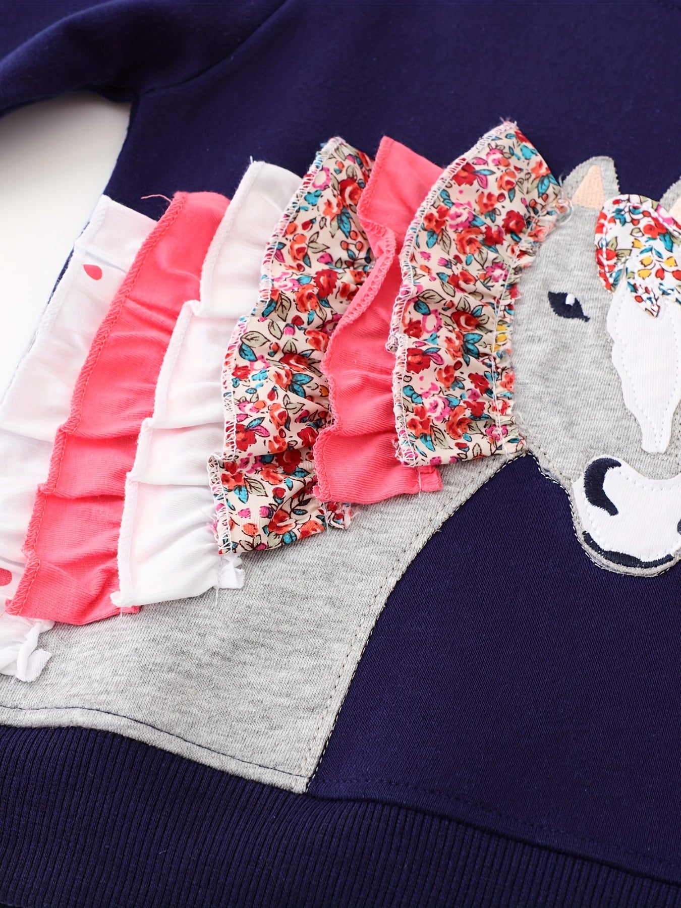 Girls Horse Patch Pattern Crew Neck Sweatshirt Top Pullovers