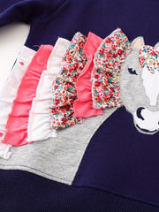 Girls Horse Patch Pattern Crew Neck Sweatshirt Top Pullovers