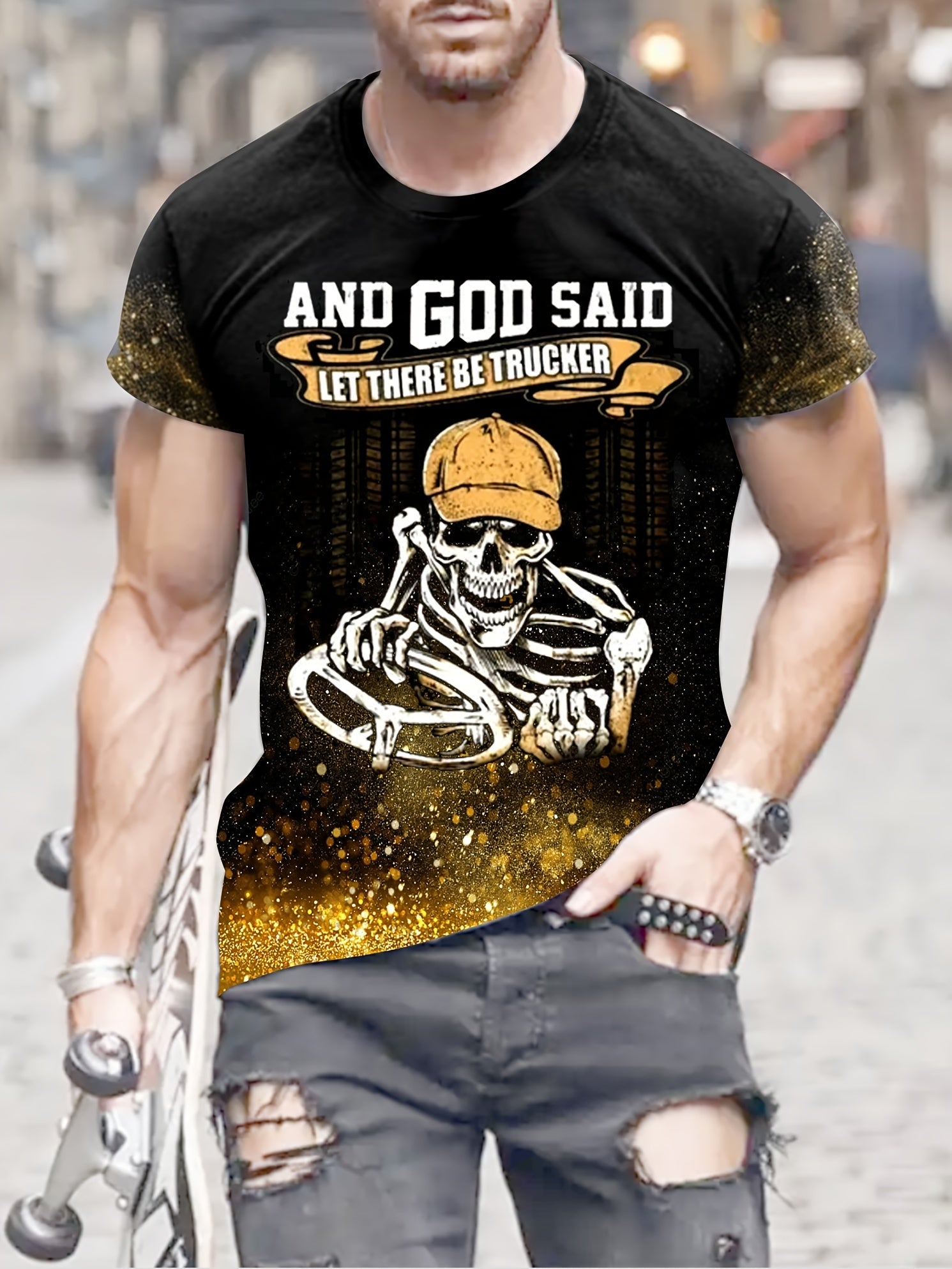 Skeleton Print Men's Graphic T shirt for Summer