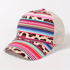 Boho Print Ponytail Trucker Hat Mesh Pink Baseball Cap