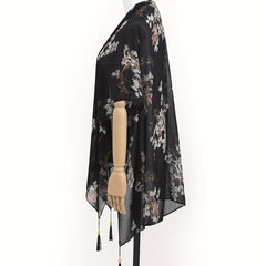 Flower Print Tassel Shawl Thin Gauze Scarf Outdoor Beach Towel Cover