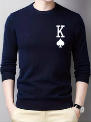 Spades Print Knitted Sweater Men's Warm Crew Neck Pullover