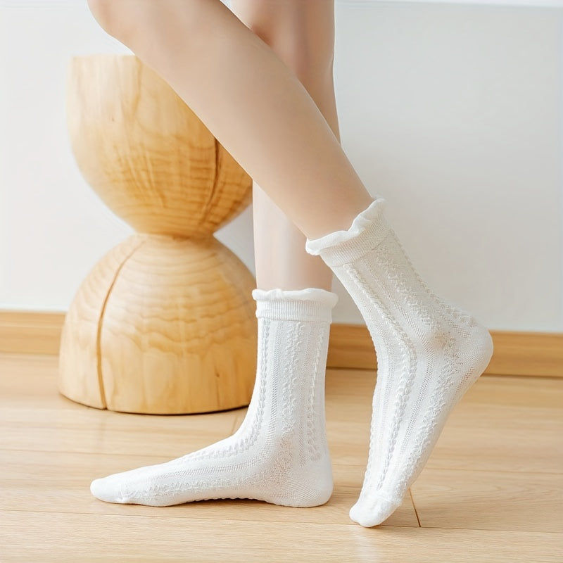 6 Pairs Ruffle Mid Tube Socks Women's Stockings & Hosiery