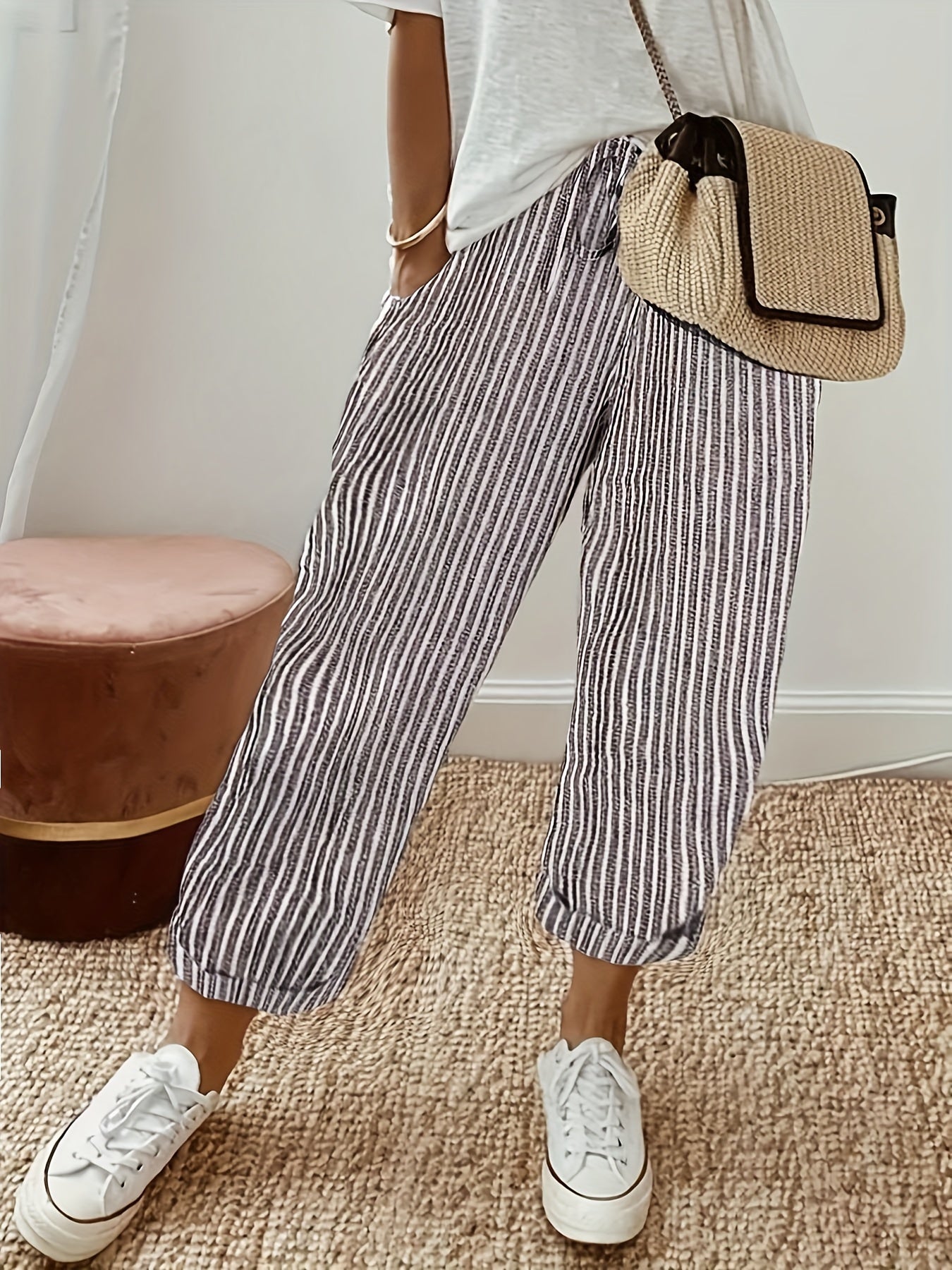 Stripe Print Elastic Drawstring Loose Fit Trousers