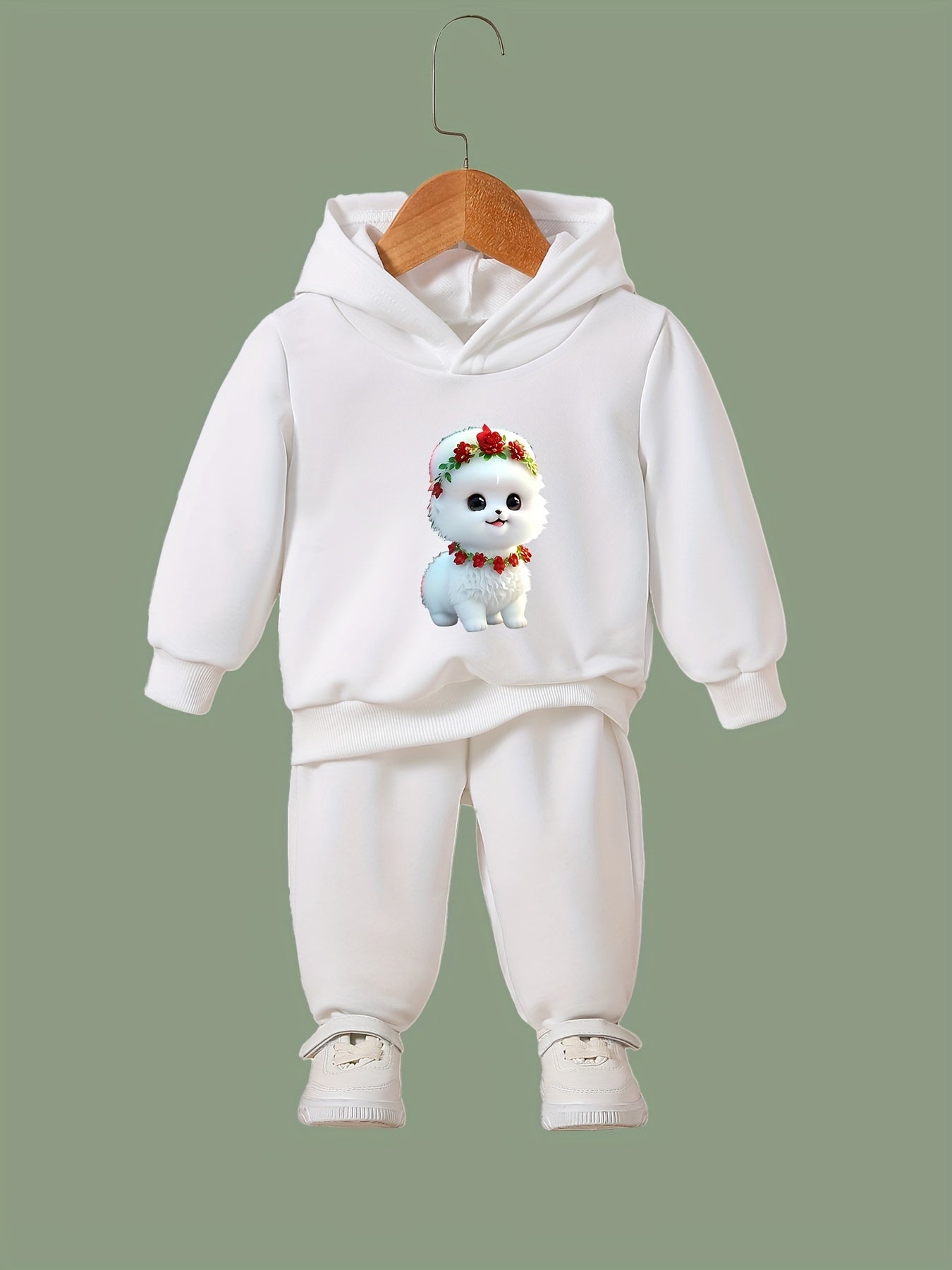 Cartoon Dog Print Hoodie & Pants Set Girls Sporty Outfit