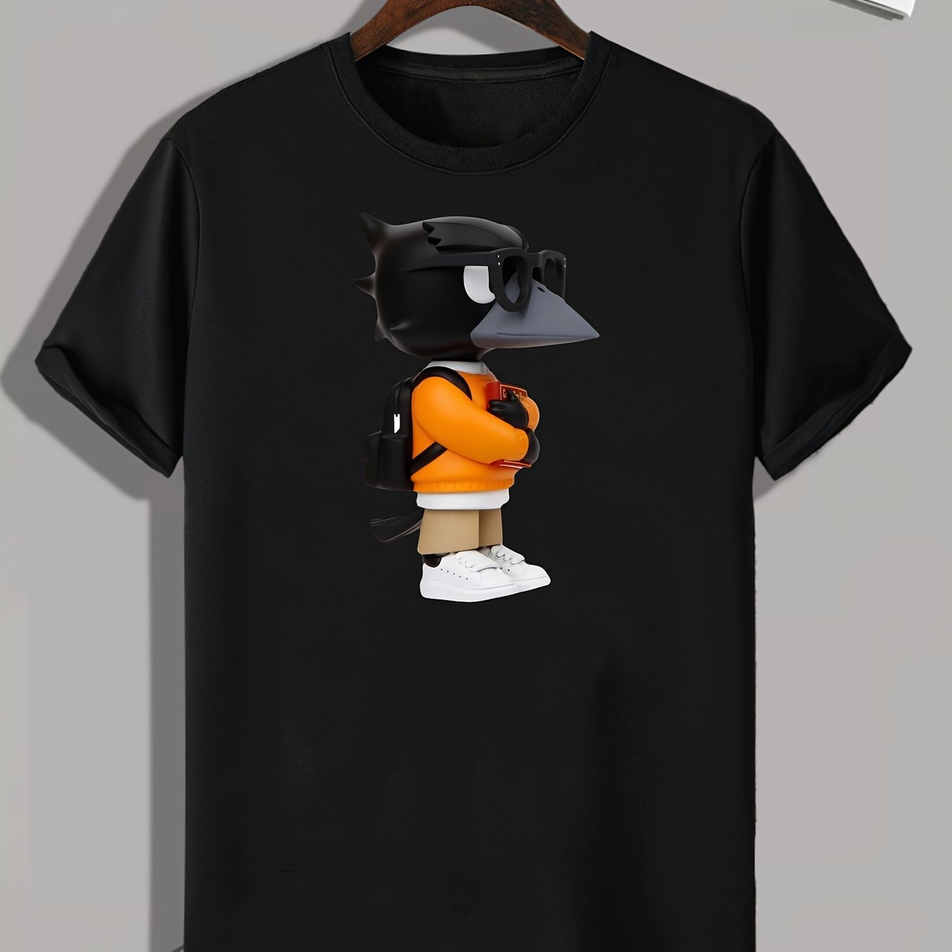Cartoon Crow Print Men's Comfy T-shirt for Outdoor Summer