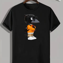 Cartoon Crow Print Men's Comfy T-shirt for Outdoor Summer