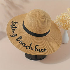 Resting Beach Face Sun Hat Embroidery Wide Brim Sunscreen Straw Hat