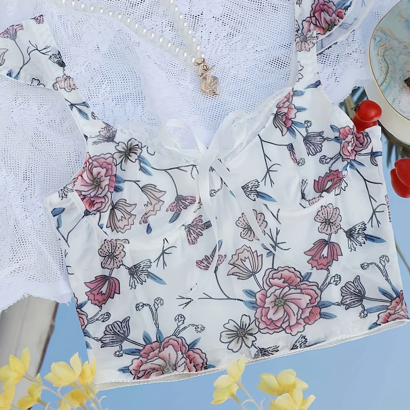 Floral Lace Push Up Bra with Bow Tie Detail Sexy Lingerie