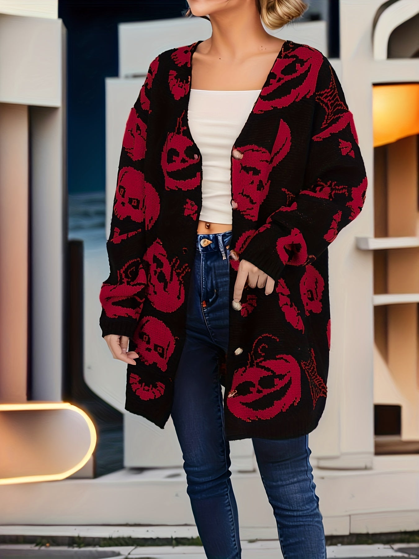 Pumpkin Pattern V Neck Button Up Cardigan Sweater