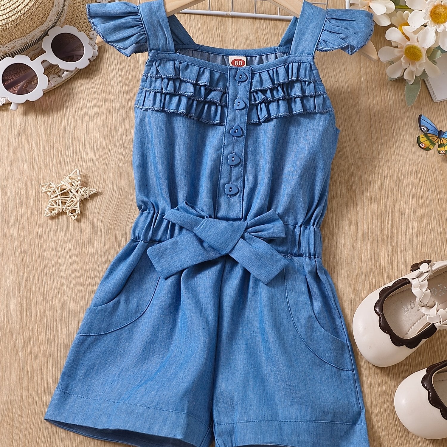 Girls Ruffled Denim Shorts Romper with Bow - Summer Casual