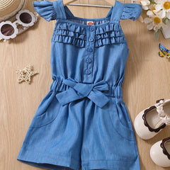 Girls Ruffled Denim Shorts Romper with Bow - Summer Casual