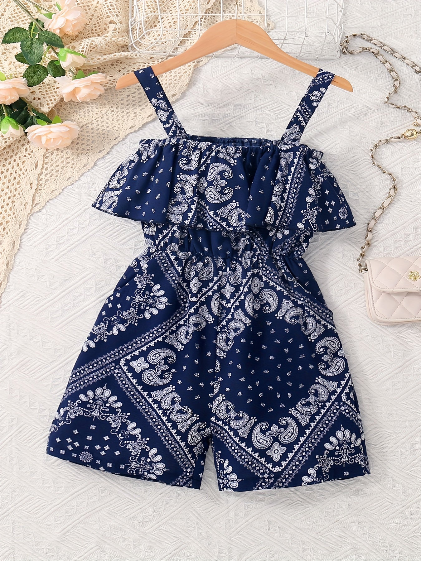 Toddler Girls Ethnic Abstract Ruffle Trim Cami Rompers Jumpsuits