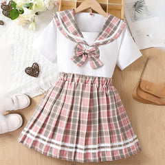 Girl's 2pcs Shirt & Skirts Set Uniform Preppy Style Casual Outfits