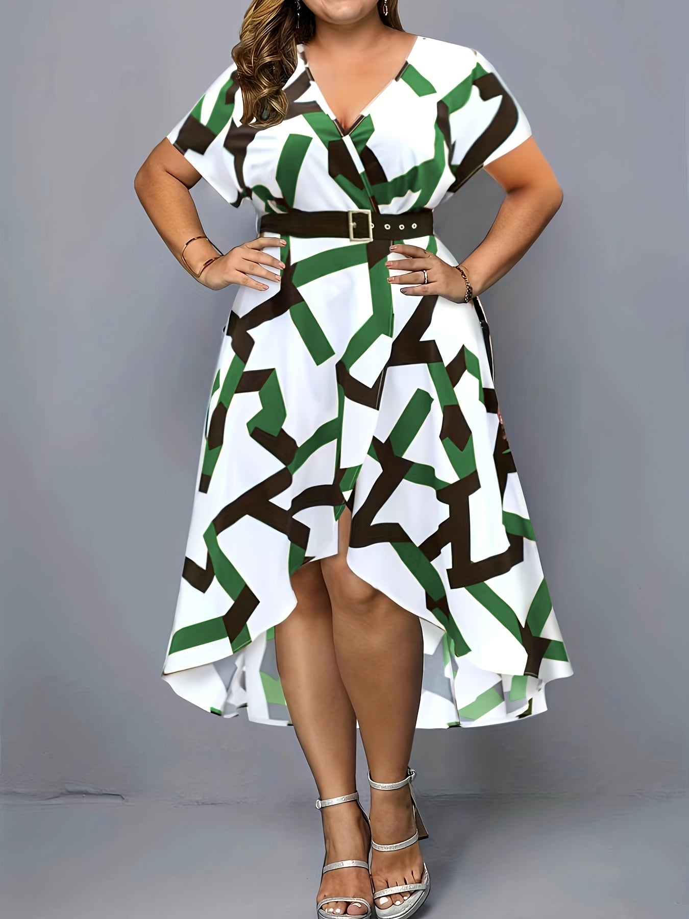 Women's Plus Geometric Print V Neck Wrap Dress With Belt