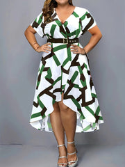 Women's Plus Geometric Print V Neck Wrap Dress With Belt