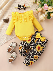 Baby 3pcs Outfits Floral leopard Pants & Ruffle Romper Set