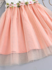 Girls Sleeveless Mesh Dress With Lace Neckline & Flowers