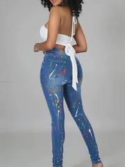 Women's Plus Graffiti Print Ripped Button Fly High Rise Skinny Jeans