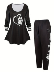 Women's Plus Heart & Dog Paw Print Peplum Top & Leggings Set