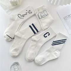 5 Pairs Letter & Striped Print Socks Breathable College Style Women's Stockings