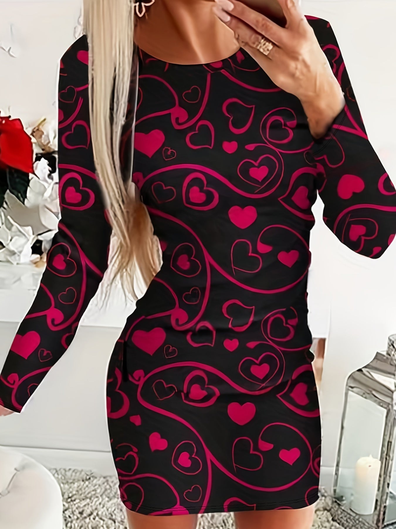 Heart Print Bodycon Dress Crew Neck Long Sleeve Women's Clothing