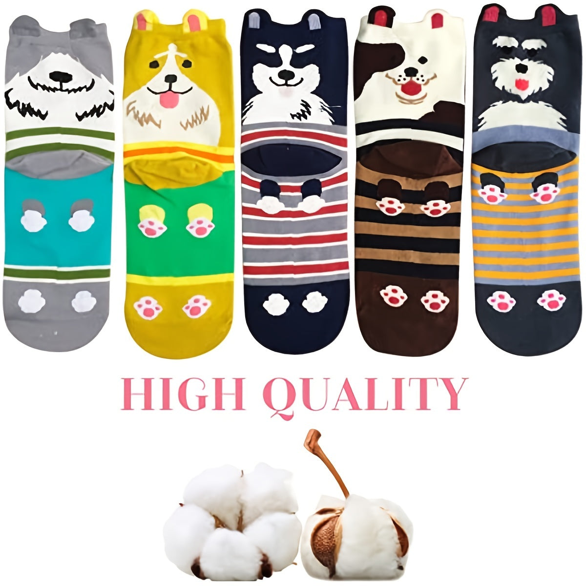 5 Pairs Dog Patterned Crew Socks Women's Stockings