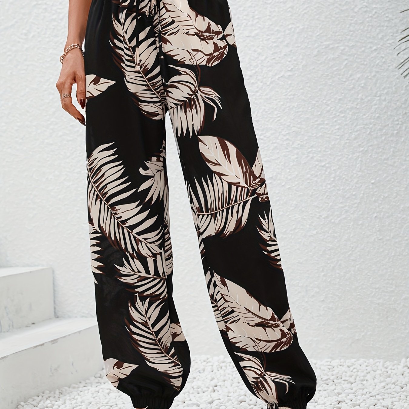 Leaves Print Jogger Pants Casual Random Print Wide Leg Pants