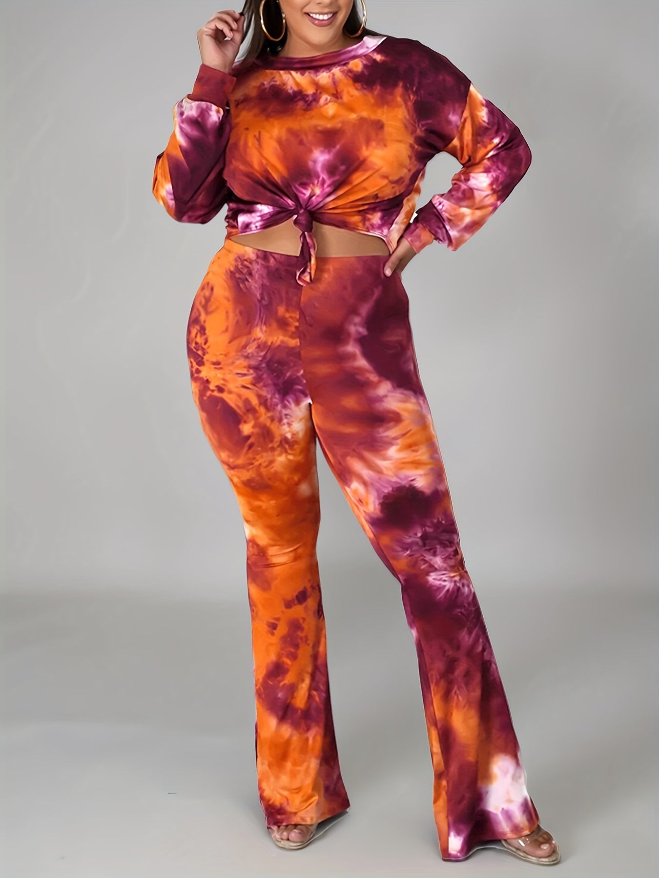 Women's Plus Tie Dye 2-Piece Set - Long Sleeve Top & Flared Leg Pants