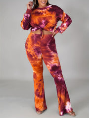 Women's Plus Tie Dye 2-Piece Set - Long Sleeve Top & Flared Leg Pants