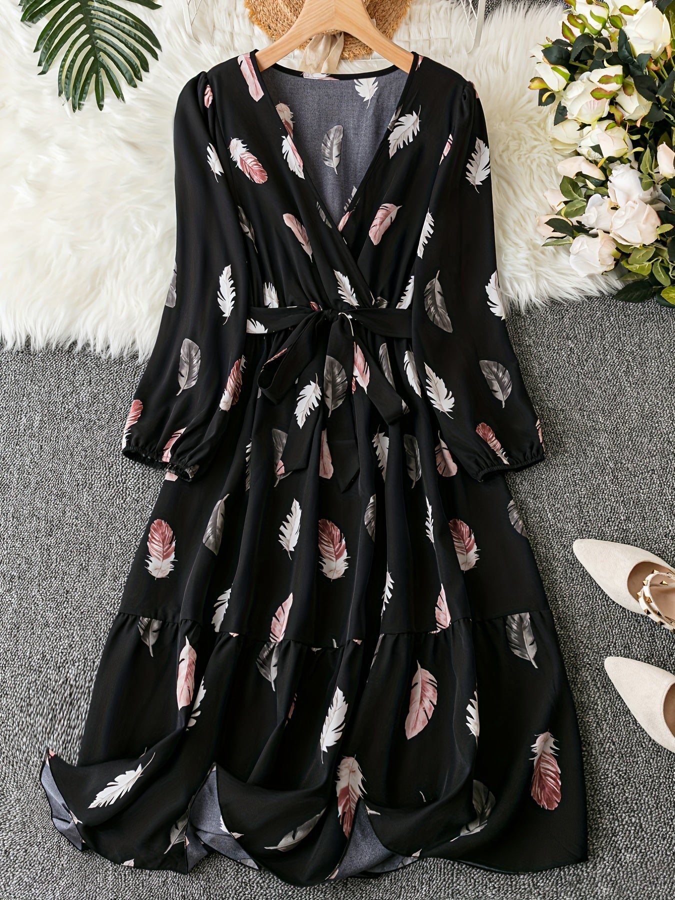 Feather Print Lantern Sleeve Maxi Dress Belt