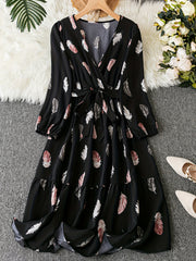 Feather Print Lantern Sleeve Maxi Dress Belt