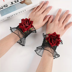 Rose Decor Lace Wrist Cuffs Ruffles Lace Pleated Horn Cuffs