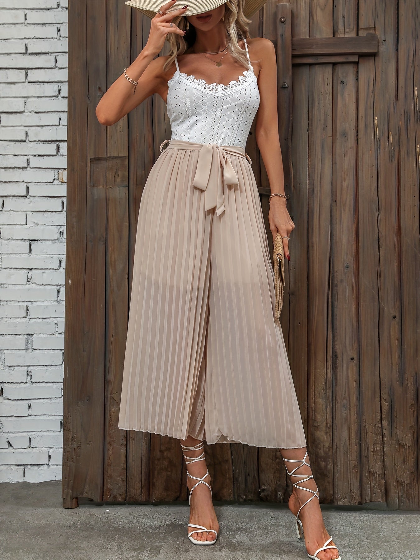 Eyelet Pleated Wide Leg Cami Jumpsuit Sleeveless Belted Jumpsuit