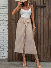 Eyelet Pleated Wide Leg Cami Jumpsuit Sleeveless Belted Jumpsuit