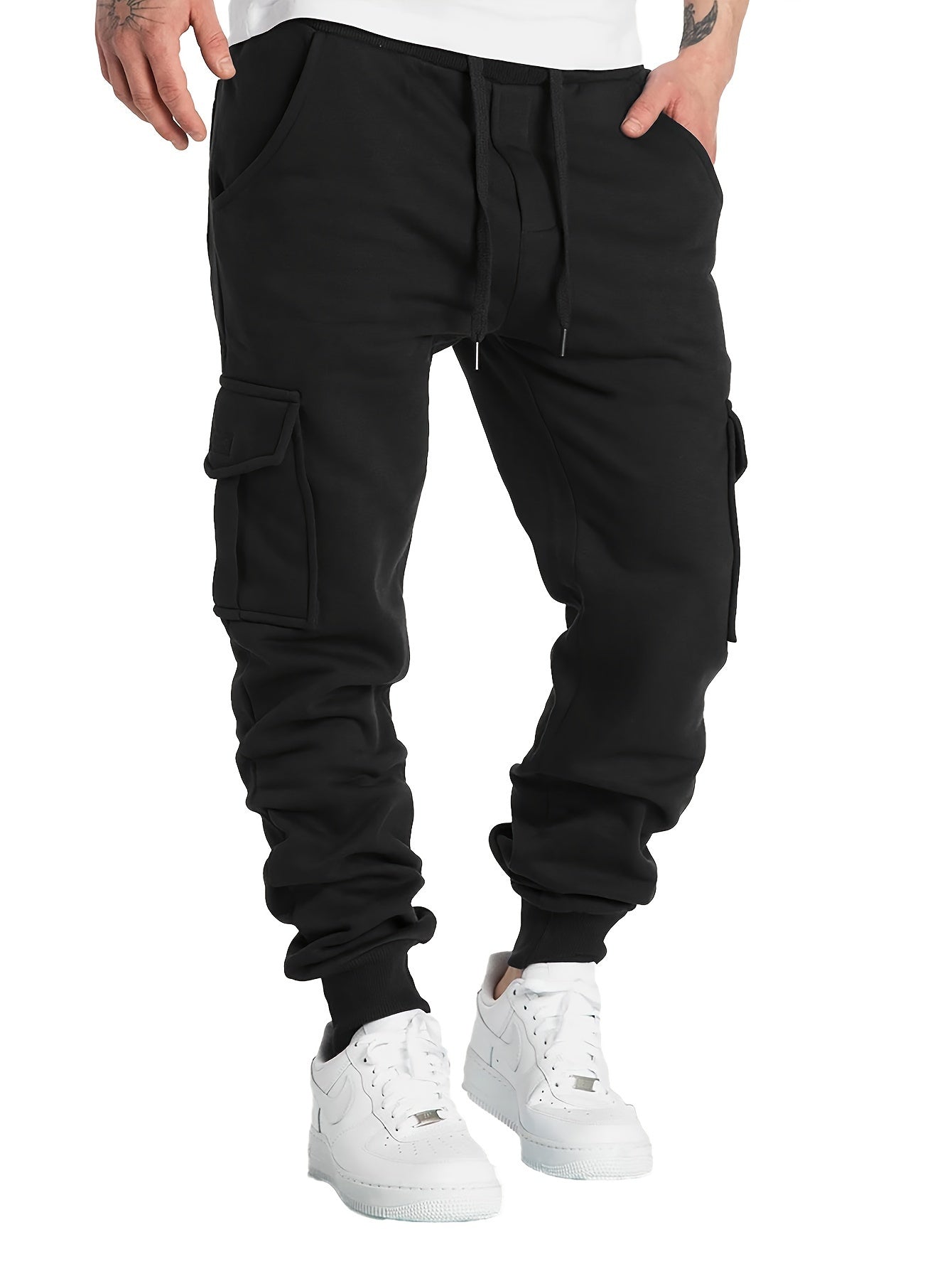 Men's Drawstring Fleece Cargo Pants Loose Jogger Pants